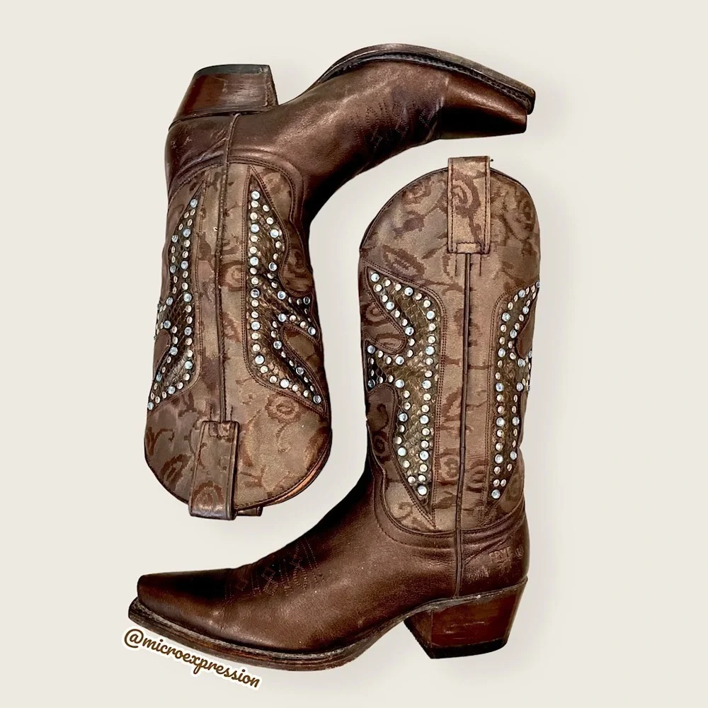 $429 Frye Daisy Duke Floral Metallic Brown Tan Rhinestone Pull On Cowboy Boot - Picture 1 of 15